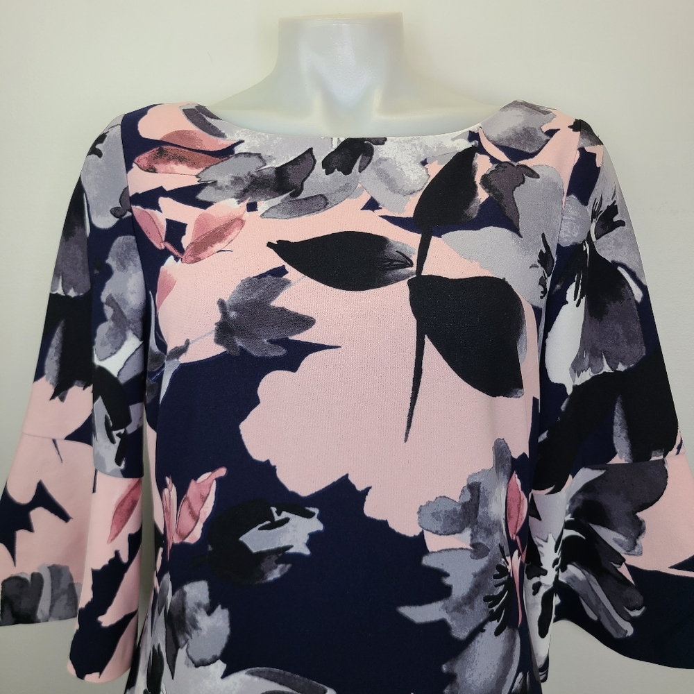 Vince Camuto Navy Blue and Pink Floral Print Bell Sleeve Spring Summer Dress 10 - Picture 3 of 15